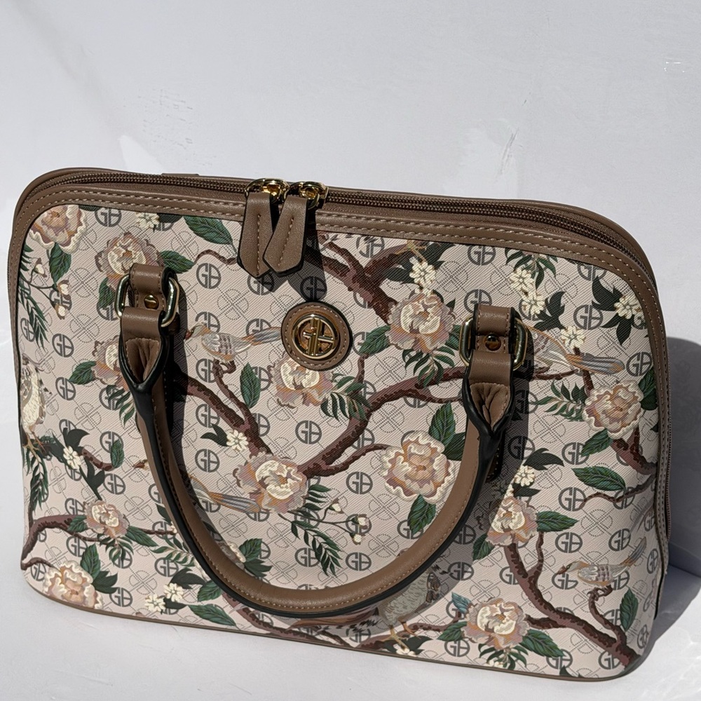 Giani Bernini Beige Floral Monogram Satchel with Brown Trim